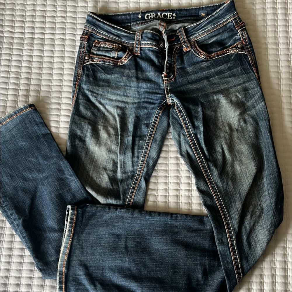 Grace in LA Blue Boot Cut Jeans with Vintage Appeal